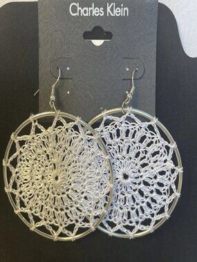 Charles Klein 3 White Crochet Boho Hoop Earrings Silver Tone Pierced Statement